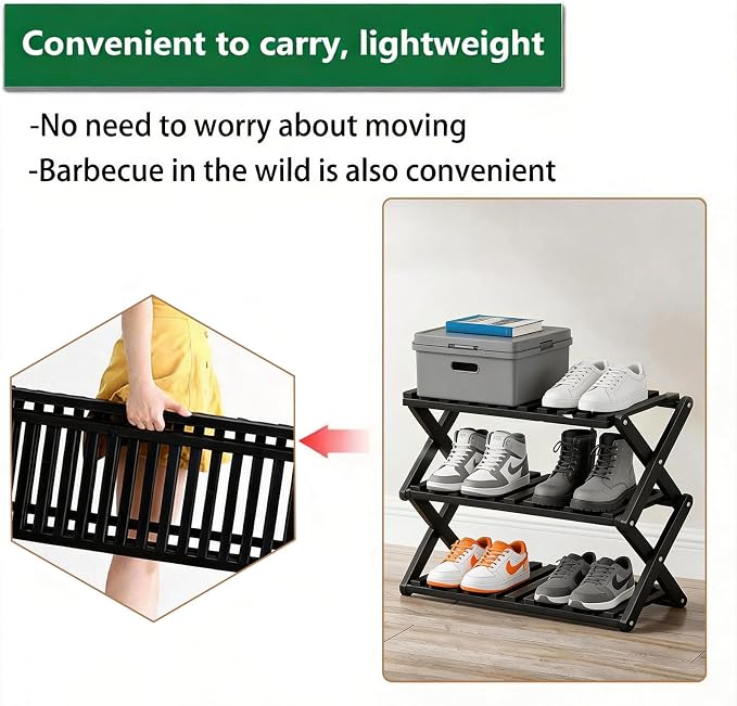 3 Tier Bamboo Shoe Rack Black,Portable Folding Shoe Storage Rack,Without Installation Small Shoe Rack Perfect for Corridors, Drom, Bedrooms and Small Spaces