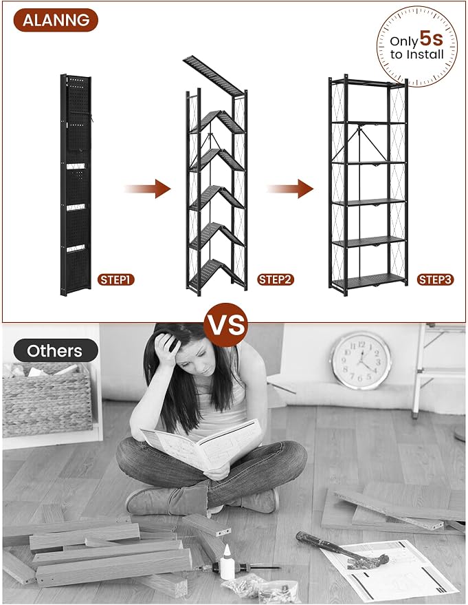 ALANNG 73.6 Inch Folding Bookshelf, 6 Tier Metal Bookcase and Bookshelves | Tall Shelves for Living Room Office Bedroom, Heavy Duty Book Shelve Free Standing Open (Black, 3PACK)