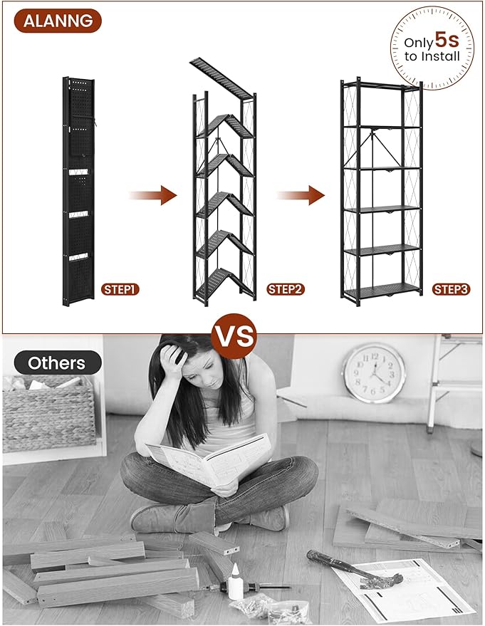 ALANNG 73.6 Inch Folding Bookshelf, 6 Tier Metal Bookcase and Bookshelves | Tall Shelves for Living Room Office Bedroom, Heavy Duty Book Shelve Free Standing Open (Black, 2PACK)