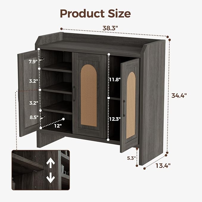 Mericonia Rattan Shoe Storage Cabinet, Farmhouse Shoe Cabinets Storage for Entryway, Boho Wooden Shoe Rack with 3 Doors for Entryway, Hallway (Black, 3 Door)
