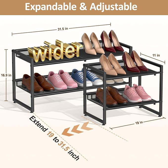 Expandable Shoe Rack, 2 Tier Adjustable Mesh Shoe Organizer for Entryway | Flat & Slant Dual Use Design, Sturdy Metal Mesh Shoe Shelf for High Heels, Stackable Shoe Storage Holder for Cloest, Garage