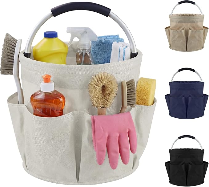 Cleaning Caddy with Handle, 17L Cleaning Supplies Organizer, Off-White | 600D Oxford Fabric Storage Basket with 6 Pockets, Multifunctional Bucket Bag for Picnics, Camping, Gardening, Bathing