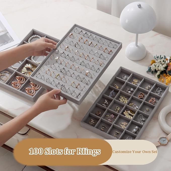 Large Jewelry Organizer for Drawer Insert Velvet Stackable Jewelry Trays for Earring Necklace Bracelet Ring Display (Gray, Ring 81 Slots)