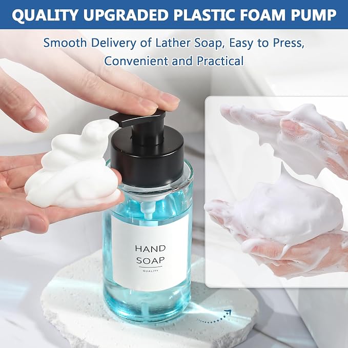 RYTOXILO Foaming Soap Dispenser, 10 oz/300ml Foaming Hand Soap Dispenser, 3 Pack Glass Foaming Soap Dispenser for Bathroom & Kitchen, Clear Refillable Foam Soap Dispenser Bottle with Waterproof Labels