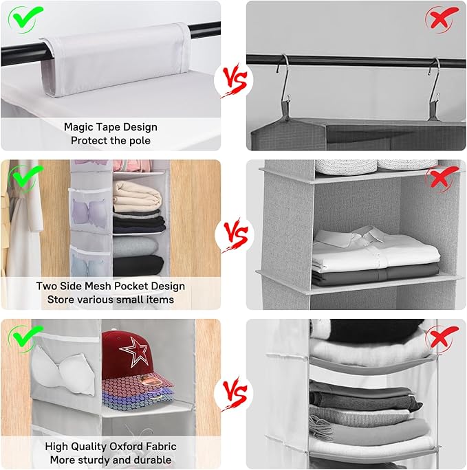 PetsHome 3-Shelf Hanging Closet Organizer, Space Saver, Closet Hanging Storage Shelves with Mesh Pockets & Magic Tap for Storage, Foldable-Grey