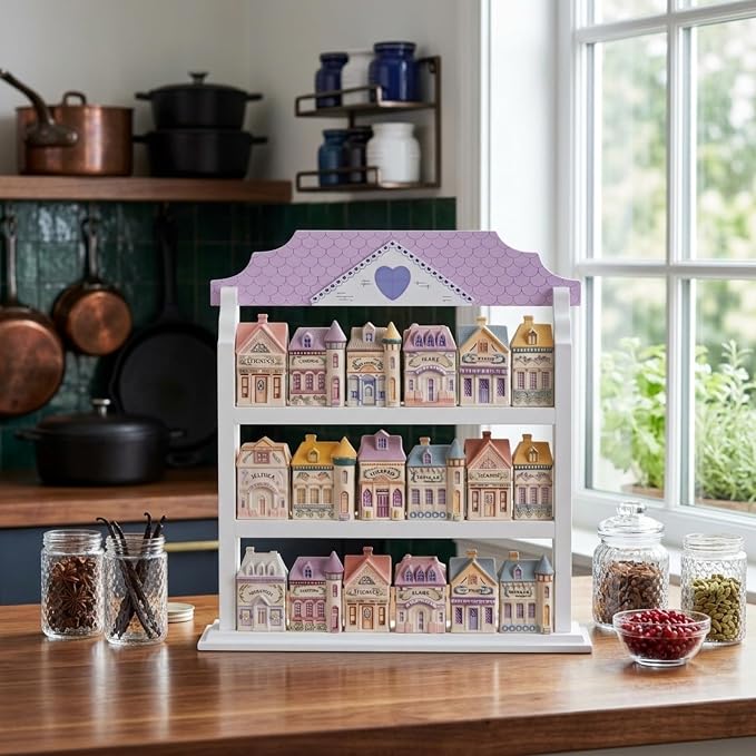 Chunful Vintage Spice Jar Wooden Rack with 3 Tier Hanging Spice Rack House Shaped Kitchen Storage Village Style Display Shelf for 18 Jar, Housewarming Christmas Bridal Gift, Shelf Only, 14.8x15.4 Inch