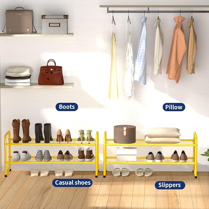 2 Pack Shoe Rack, 2-Tier Metal Stackable Shoe Shelf Storage Organizer, Heavy Duty Wire Shoe Stand for Entryway, Closet, Hallway, Holds 50 LBS, Gold