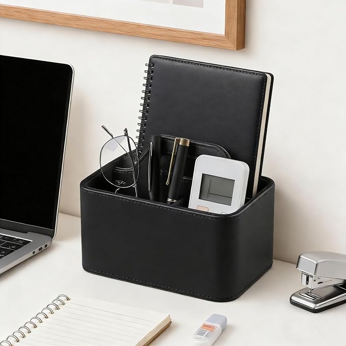 PU Leather Remote Control Holder, Desk Caddy Organizer with Handle Beige | 3 Compartments Portable Remote Organizer, Remote Caddy Bedside Holder for Office Storage Supply Organizer