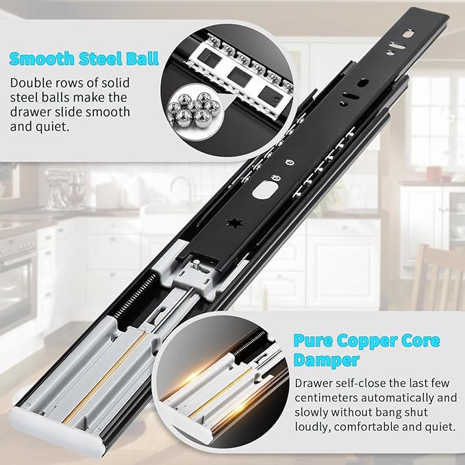 YENUO 5 Pairs Soft Close Drawer Slides Full Extension 12–24 Inch 100 LB | Side Mount Heavy Duty Quiet Self Closing Cabinet Drawer Glides Rails Ball Bearing 12–24 Inch for Kitchen Dresser Hardware