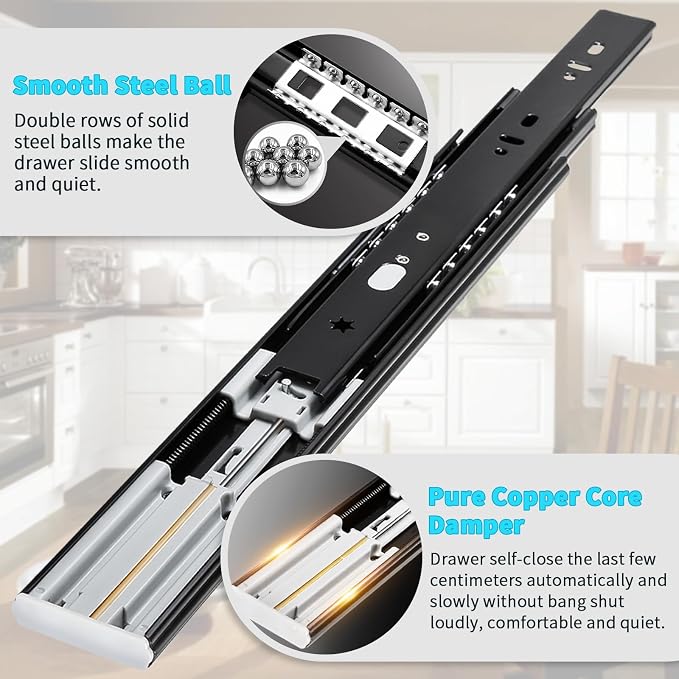 YENUO Soft Close Drawer Slides Full Extension Ball Bearing 12–24 Inch 100LB | Side Mount Heavy Duty Quiet Self Closing Cabinet Drawer Glides Rails Sizes 12–24 Inch for Kitchen Dresser Furniture Hardware