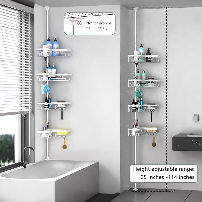 DAOYA Shower Caddy Tension Pole Corner - Stainless Steel Bathroom Organizer White Tension Rod Shower Shelves for Tub(22-114.2inch), Renter Friendly