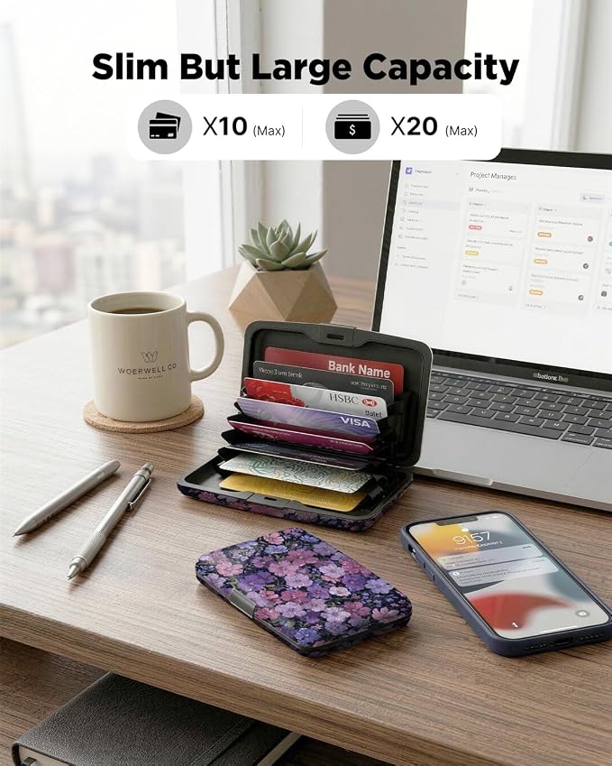 Maicican RFID Blocking Aluminum Credit Card Holder | Slim Metal Wallet for Women & Men, Business Card Case for Travel, Fits Front Pocket, Card holder wallet - Purple flowers