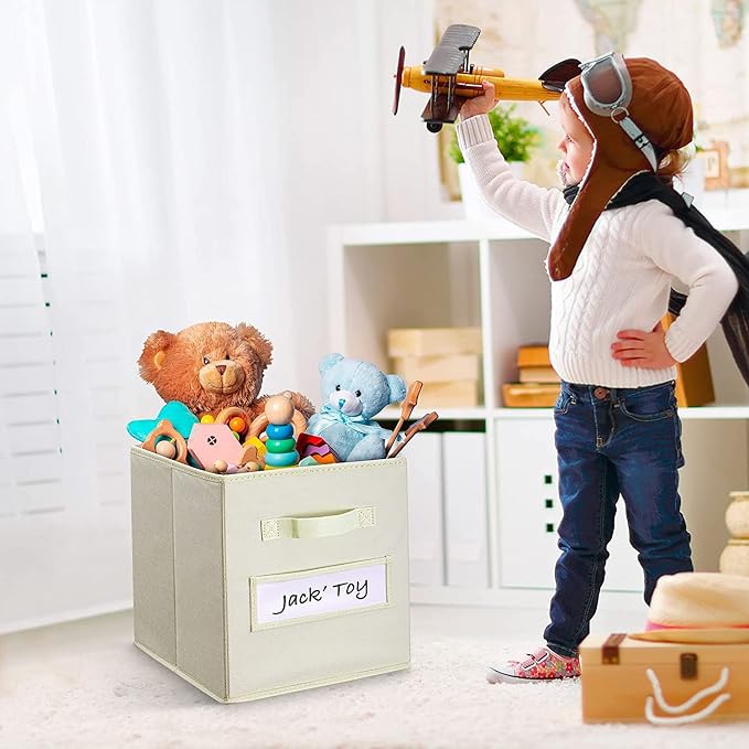 13x13x13 storage cube bins(Set of 8) Fabric storage cubes with 8 Labels Window Cards & a Pen, storage cubes 13x13, Collapsible 13 inch cube storage bins, Cubby Boxes, Beige