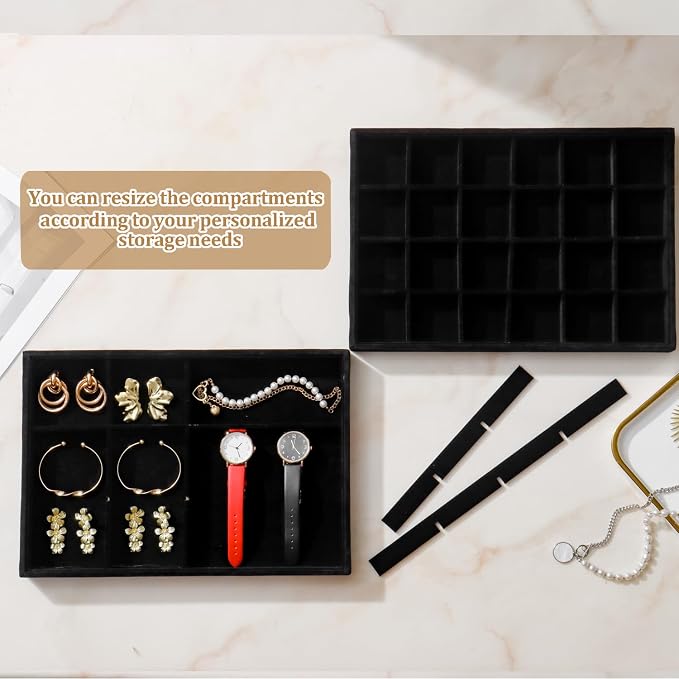 Large Stackable Jewelry Tray 4 Pack Velvet Jewelry Display Drawer Inserts Trays Organizer for Earring Bracelet Necklace Ring (Black, 24 Grids)