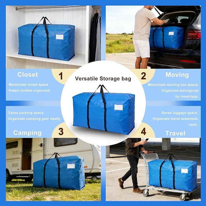 4 Pack Heavy Duty Moving Bags with Backpack Straps & Handles, Large Storage Bags with Zipper for Clothes, College Moving Supplies and Dorm Essentials (24 Gal, Blue)