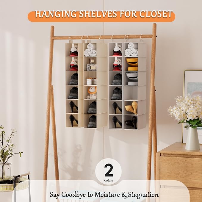 Hanging Shoe Shelves - 6 Section,Closet Organizer Set of 2 with Woven Bamboo Shelves,Slim 5.5” Wide Design for Space-Saving Storage,White