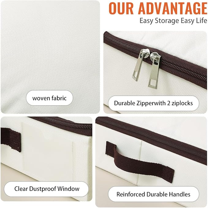 Low Profile Under Bed Storage Containers with Clear Label Holder | Foldable Sturdy Underbed Storage Boxes, Closet Organizers for Seasonal Clothes, Bedding, Shoes (Beige, 29.5*15*4")