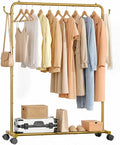 Homde Rolling Clothes Rack with Hooks: Standing Garment Storage for Indoor - Hanging Rod for Bedroom Laundry Room - Coat Dress Organizer on Wheels with luggage shelf (Gold, 46.5")