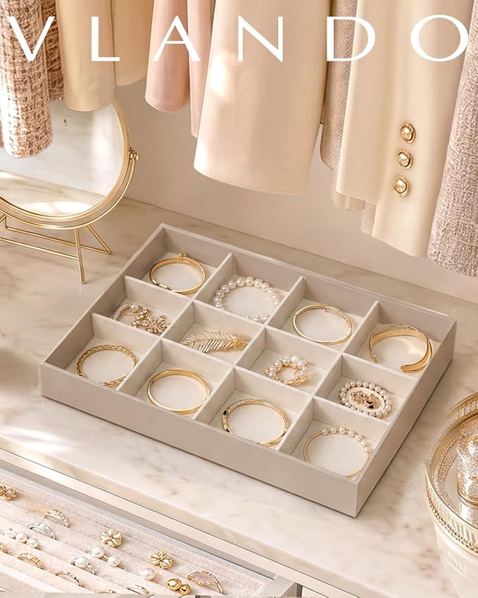 VLANDO Stackable Jewelry Tray, Drawer Organizer for Bracelets,Toffee | Wide Sections, Soft Velvet Lining, Dresser Display for Bangles, Watches, Bracelets, Gift for Women Girl