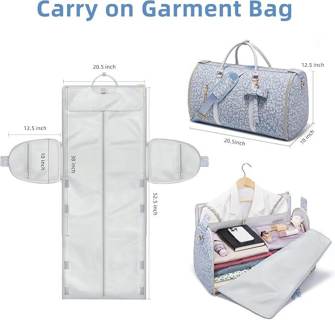 Travel Garment Bag for Women, Foldable Carry On Garment Duffle Bag 20.5x10x12.5 Inch, Convertible Overnight Bags with Shoe & Toiletry Pockets for Business Trip, Vacation, Party, Blue-White