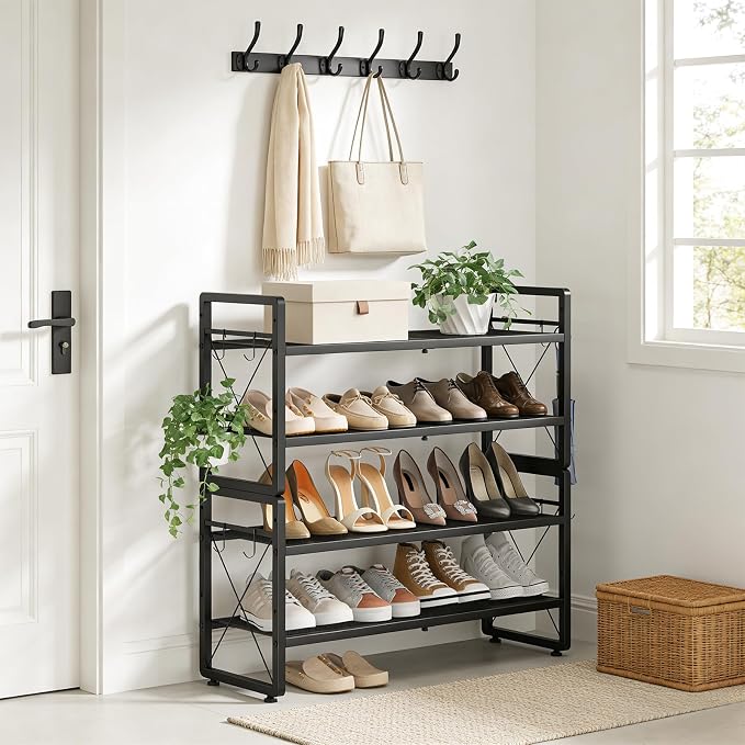 ELYKEN Shoe Rack, 4-Tier Expandable Shoe Organizer for Closet, Metal Black Shoe Shelf with 8 Hooks, Adjustable Shoe Stand Holder for Entryway, Garage, Door Entrance