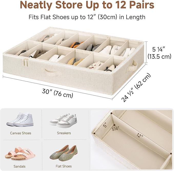 StorageWorks 2-Pack 24-Pair Underbed Shoe Storage Organizer, Linen Beige | Rustic Linen Fabric, Adjustable Dividers, 5.25" Height, Fits 6-inch+ Clearance, Clear Top, Soft Handles, For Closet, Bedroom