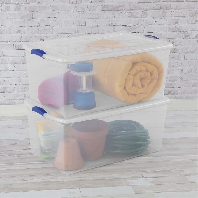 105 Quart Extra Large Clear Plastic Storage Bin, Stackable Container With Blue Accent Latch Lid, See-Through Lidded Box For Seasonal Clothes, Bedding, Camping Gear, Home Closet