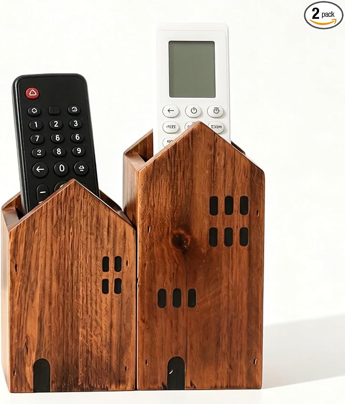 DAWASAPAT Wooden House Remote Control Holder/Remote Caddy & Desktop Organizer for TV Remotes, Stationery, Pencils, and Glasses set of 2