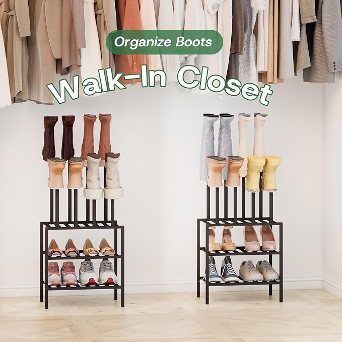 kiplant Small Boot Rack Organizer Tall Boots- 4 Pair Boot Rack Bamboo Wood Shoe Rack for Entryway & Closet, Holds Tall Boots