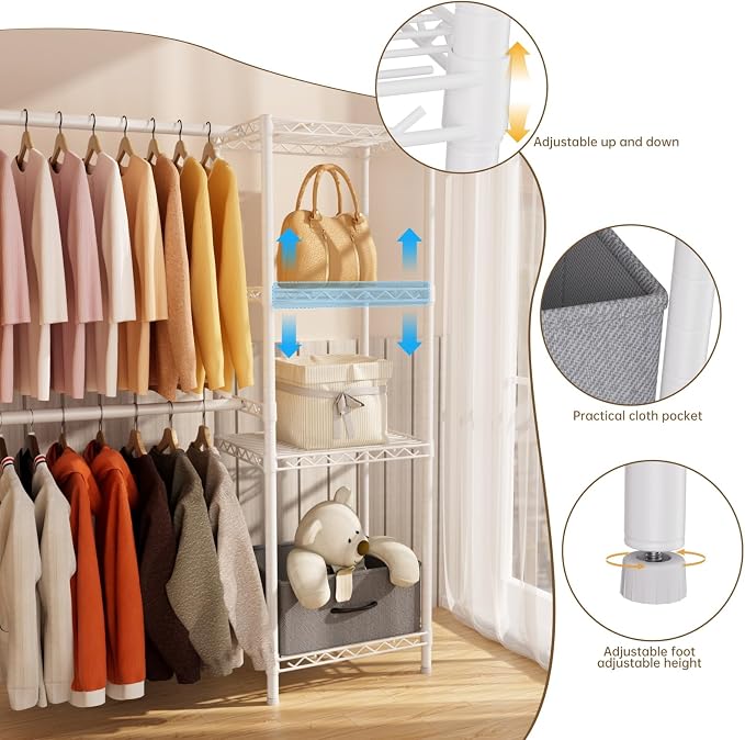 Golpart Heavy Duty Clothing Rack with Adjustable Shelves Clothes Wardrobe | Coat Rack Metal Closet Organizer and Storage Garment Rack for Hanging Clothes Wire Portable Cloth System Free Standing White