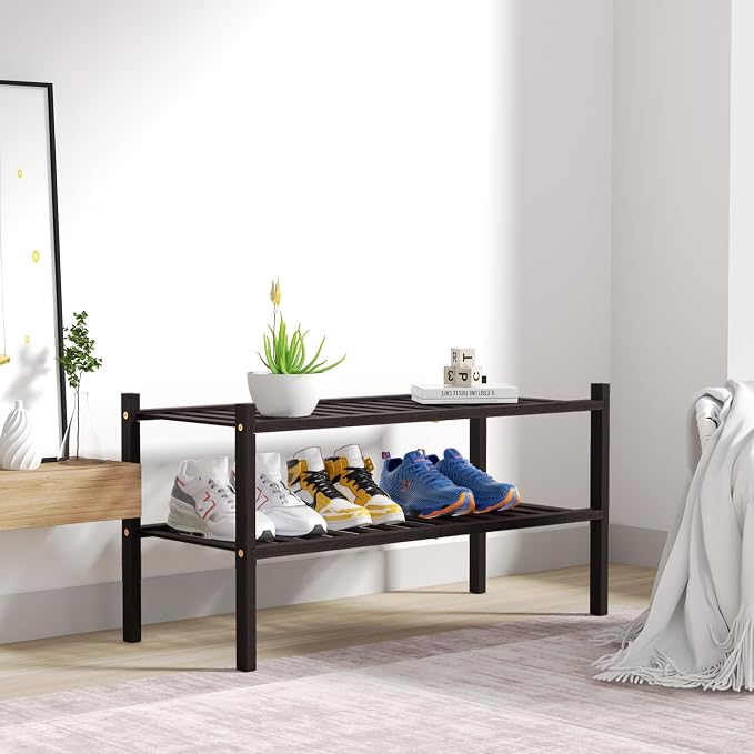 ROMGUAR CRAFT 2 Tier Bamboo Shoe Rack for Closet Free Standing Wood Shoe Shelf for Entryway Small Space Stackable 27"x11"x13" (Brown)
