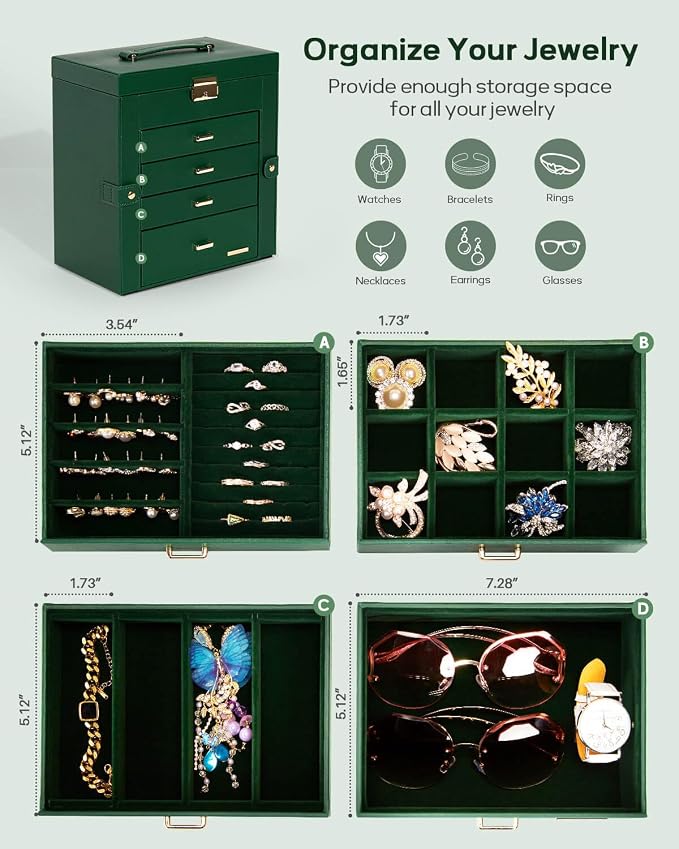 Homde Synthetic Leather Huge Jewelry Box Mirrored Watch Organizer Necklace Ring Earring Storage Lockable Gift Case (Forest Green + Gold)
