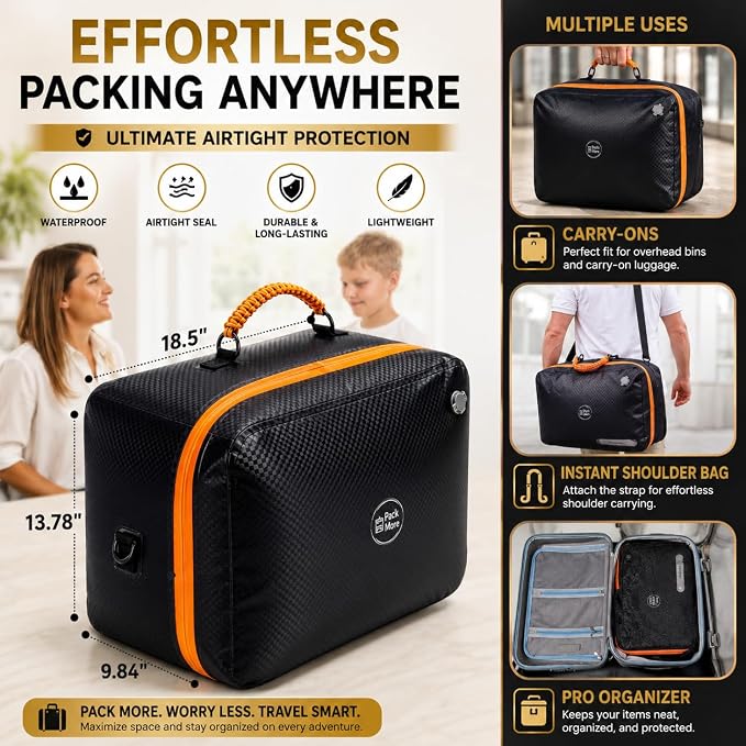 40L Premium Travel Vacuum Bags with Pump, 270° Open Carry on Suitcase Compression Bags for Luggage, Reusable TPU Zipper Seal, Vacuum Bags for Travel with Pump, 2 Pack Compression Kit, Straps & Tracker