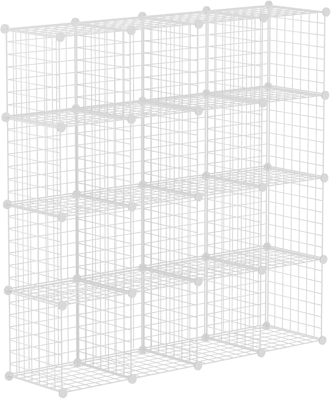 HUBSON Wire Cube Storage Organizer, Book/Toy/Craft/Potted Plants and Pet Closet Organizers, 16-Cube Freely Combinable Metal Grid Storage Shelf, White Iron