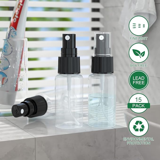 longway 15 PCS Spray Bottles, 0.5oz/15ml Transparent Empty Fine Mist Spray Bottle Dispenser with Cap, Small Refillable Liquid Containers with 1pcs Funnel and 18pcs Labels