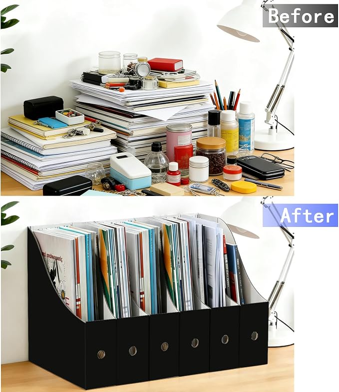 Limitliho 6 Pack Black Cardboard Magazine Holder for Desk, Book Bins for Classroom Library,Office,Home, 10.6" H x 10.2" L x 3.5" W in Magazine File Holder