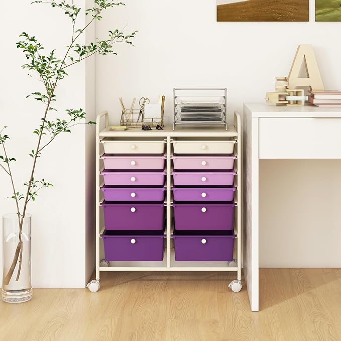 DREAMADE Rolling Cart with Storage Drawers, Utility Cart w/Removable Plastic Drawers, Lockable Wheels, Art Cart for Classroom Organization Art Supplies Office Scrapbook (12 Drawers, Purple Gradient)