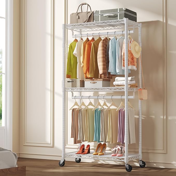 NEWBULIG Heavy Duty Clothing Rack with Wheels, 3-Tier Adjustable Wire Garment Rack, Metal Freestanding Closet Organizer System with Double Hanging Rods & 8 Side Hooks, 35" x 15" x 75", White