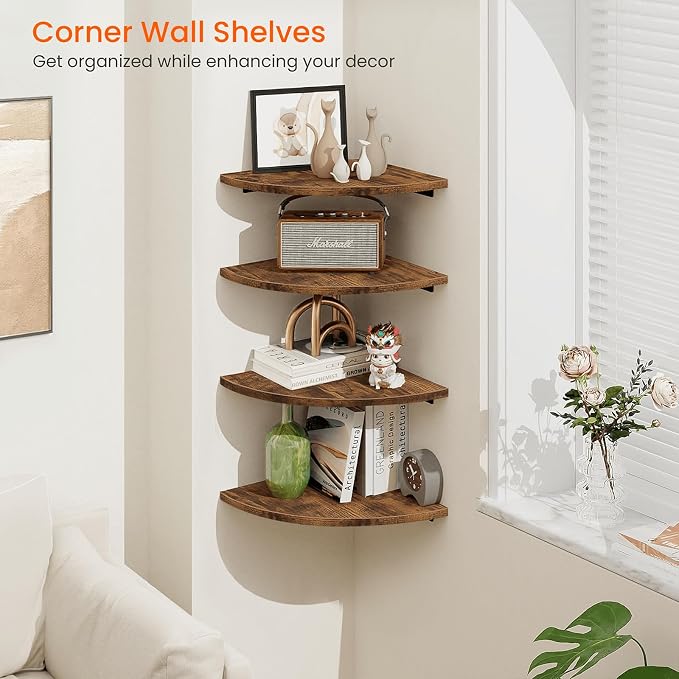 Homode Corner Wall Shelf, 12 Inch Wide Wooden Corner Floating Shelves with Cord Hole, Set of 4 Round Corner Hanging Storage Shelving for Bathroom Living Room Small Spaces, Rustic Brown