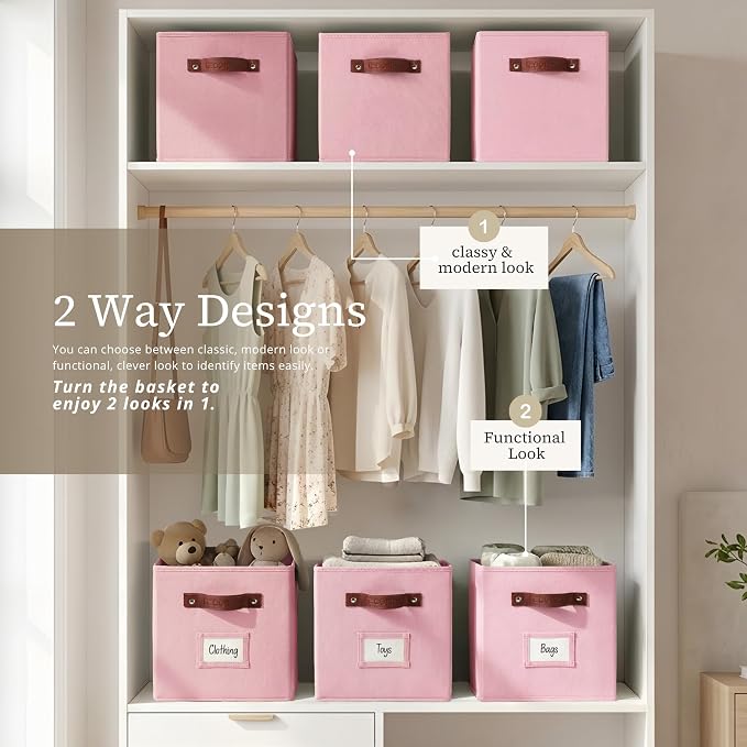 DECOMOMO Storage Bins, Cube Storage Bin with Labels, Fabric Storage Cubes for Shelves (10.5" x 11" / 6pcs, Pink)