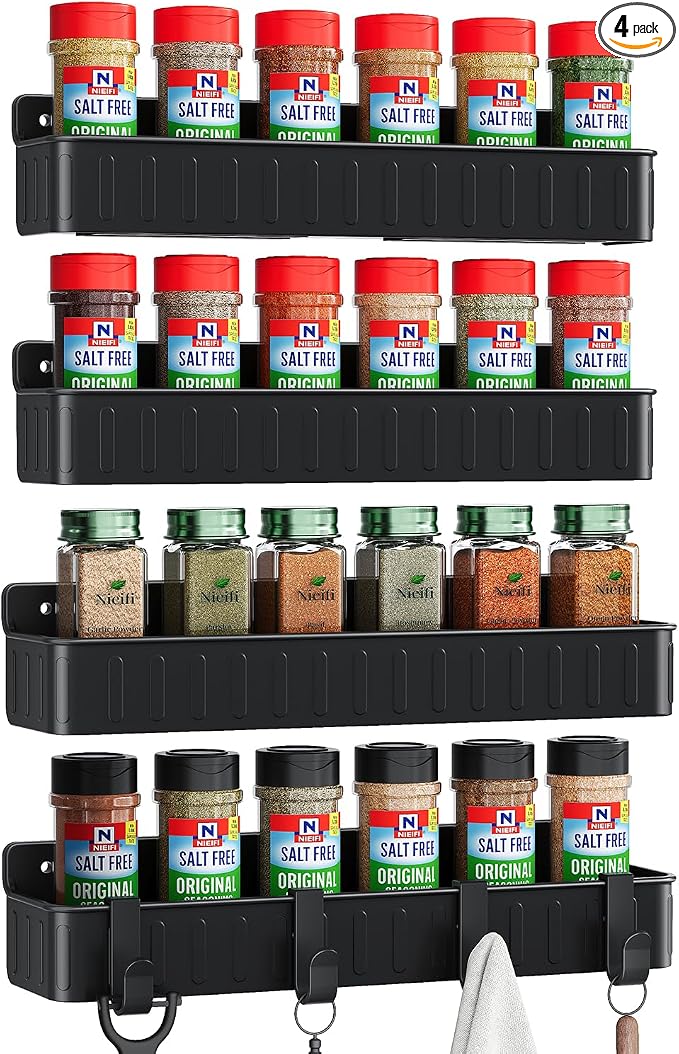 Nieifi Spice Rack Wall Mount, 4 Pack, Black, 2 Inch Depth, Screw or Adhesive Installation, Spice Rack Organizer for Small Spice Jars, Suitable for Kitchen Cabinet or Pantry Door