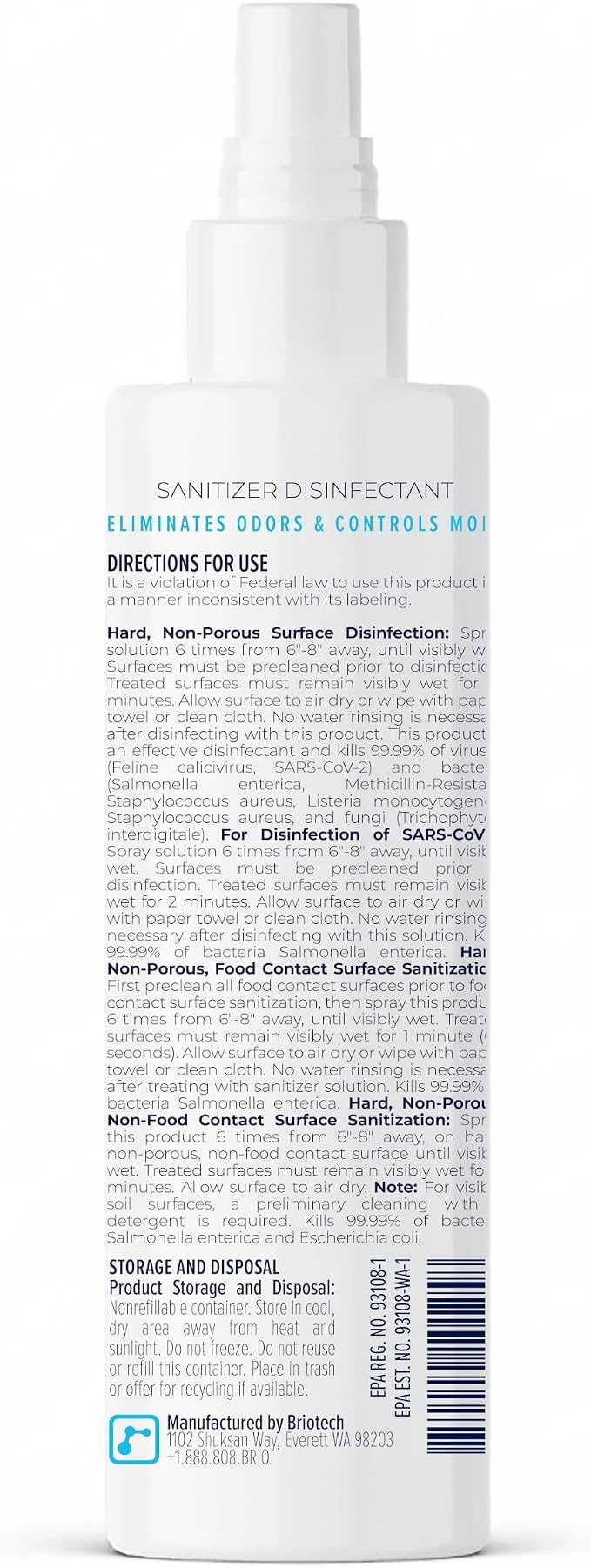 BRIOTECH Sanitizer Disinfectant Hypochlorous Spray, Kill 99.99% of Viruses & Bacteria, Control Mold, Eliminate Odor, Gentle for Nursery & Play Rooms, Food Contact Surface Sanitizer, 8.5 fl oz