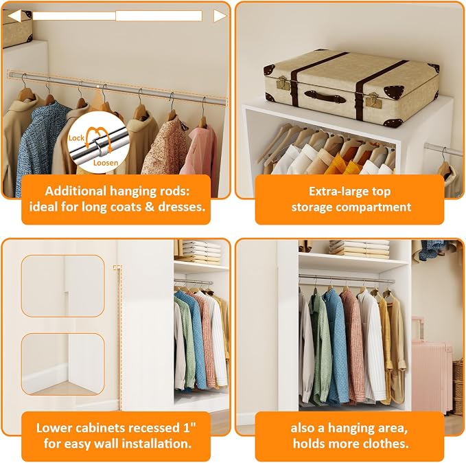 Closet System with 12 Hanging Rods& Shelves , 8FT Small Closet Organizer System Storage Wood with Extra Side Hanging Rod for Walk in Closet, Adjustable Modular Closet Systems Customize, White(8FT)