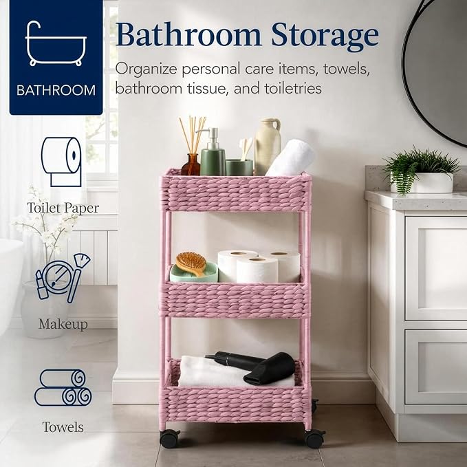 Best Choice Products 3-Tier Water Hyacinth Rolling Nursery Caddy w/Wheels, Utility Cart, Storage Organization for Bathroom, Craft Room, Laundry Room - Pink