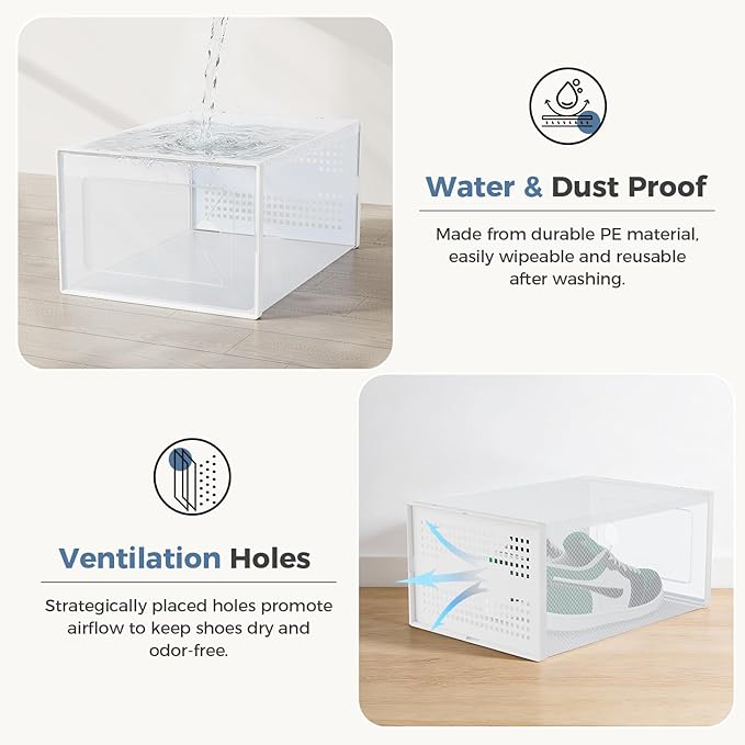 DUMOS Shoe Storage Boxes, 12-Pack Stackable Clear Shoe Containers with Lids, Display Sneaker Case Organizer for Closet, Under Bed, Entryway,Light White, Fit Size 9