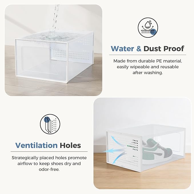 DUMOS Shoe Storage Boxes, 15 Pack Stackable Clear Shoe Containers with Lids, Display Sneaker Case Organizer for Closet, Under Bed, Entryway,White, Fit Size 11