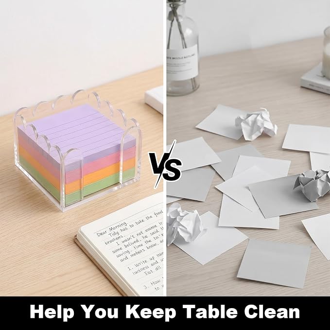 Skrfren Scalloped Acrylic Sticky Note Holder 3x3 Inch Notepad Holder with Wave Design Crystal Clear Sticky Note Holders Dispenser Thick Acrylic Desk Organizer for Office Home Dorm Classroom