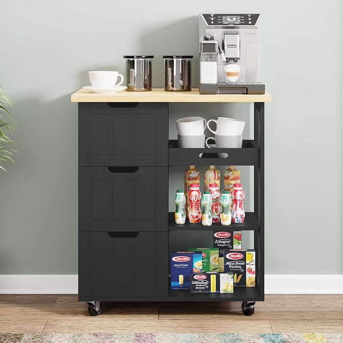 Shintenchi Kitchen Island Cart with Storage,Rolling Kitchen Island Storage Cabinet,Side Table on Wheels with Worktop,3 Open Shelves and 3 Drawers for Kitchen,Dinning Room, Black