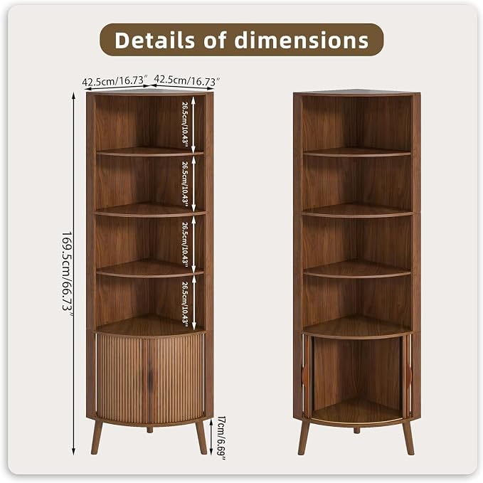 5-Tier Corner Shelf, 66.73''Tall Modern Corner Bookshelf, 5 Shelf Bookcase with 2 Fluted Doors, Freestanding Wood Corner Display Storage Shelf Organizer for Living Room, Office (Walnut)