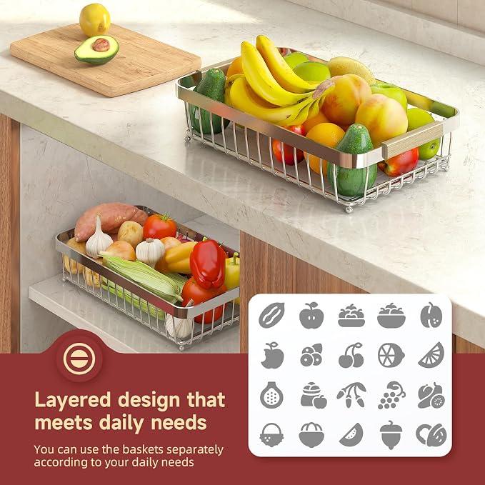 Sevenblue 2-Tier Fruit Basket with Banana Hangers, Detachable Metal Bowl | Wooden handle, protective mats included. Versatile holder for bread, snacks, and veggies. Extra Large 2 tier metal design.
